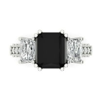 4.27 ct Emerald Cut Natural Onyx 3 Stone 18K White Gold Womens Engagement Ring