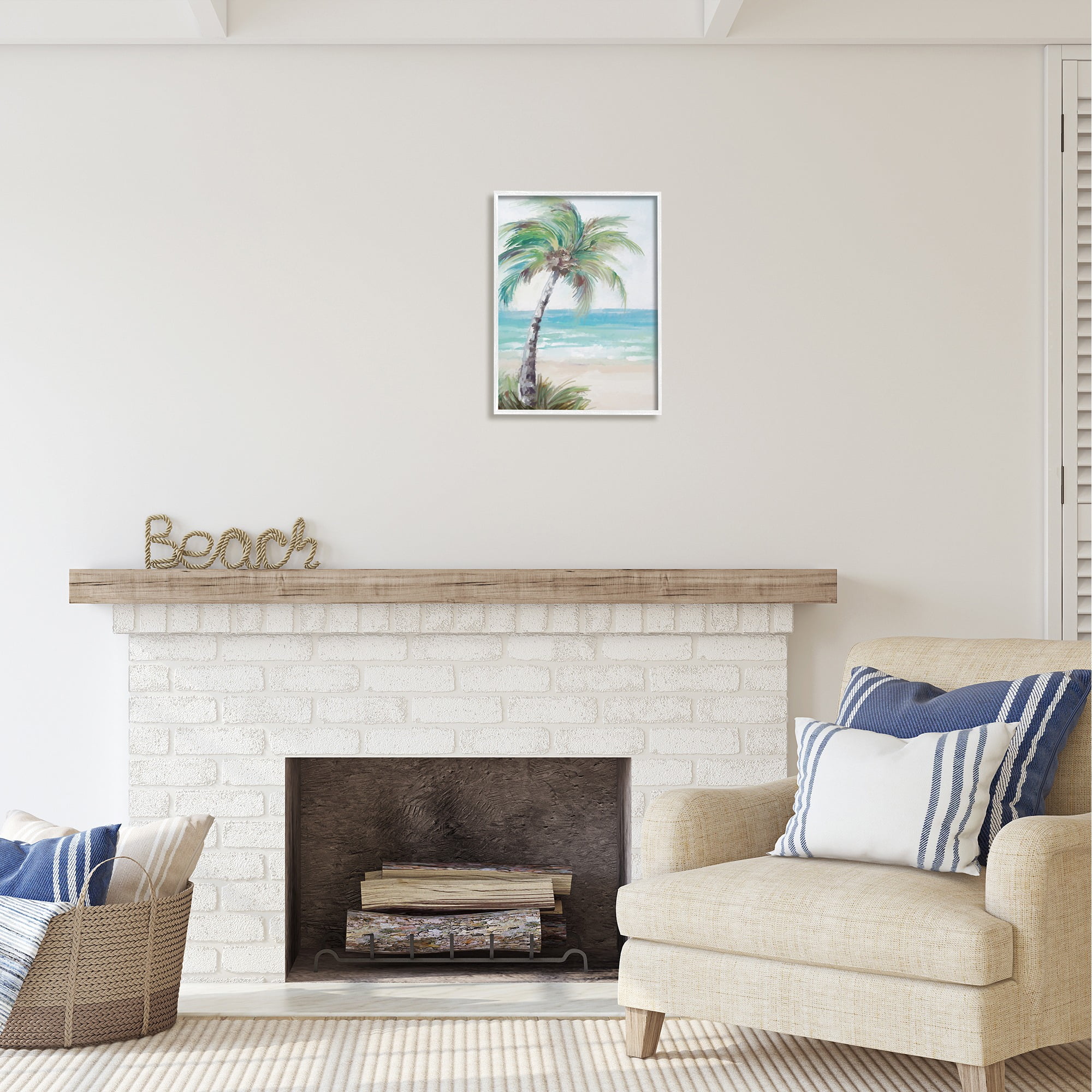 Stupell Industries Soft Palm Tree on Beach Landscape Painting White Framed Art Print Wall Art, 16 x 20