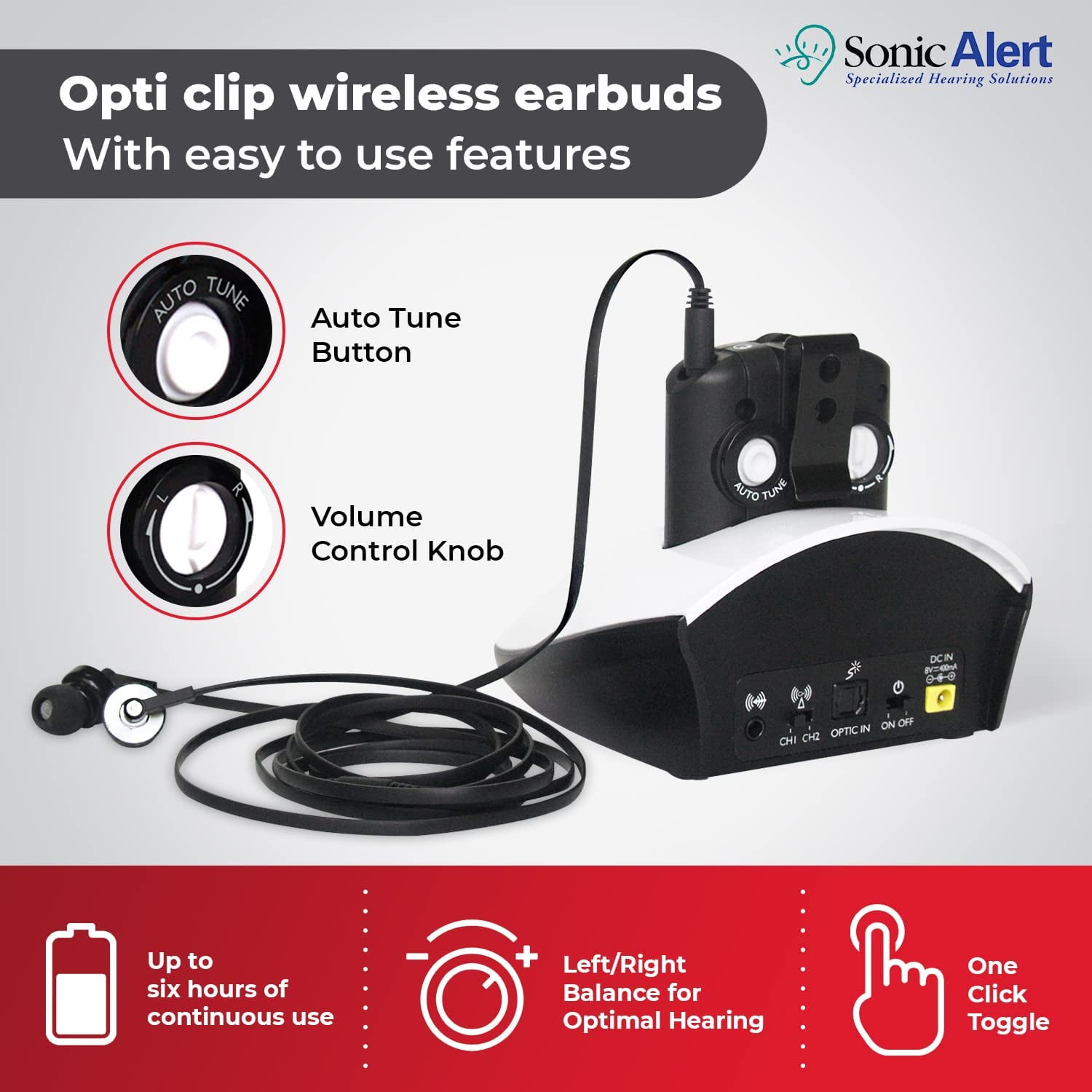 Sonic Alert - Amplified Hearing Devices, Opti Clip CL7350 in-Ear Headphone, Pack of 02 - White