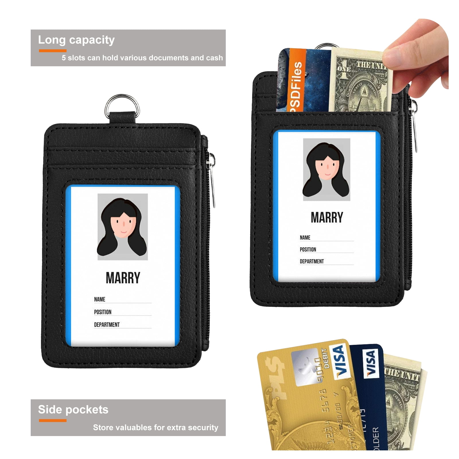 2HM4MKX ELV Badge Holder with Zipper, ID Badge Card Holder Wallet with 5  Card Slots, 1 Side RFID Blocking Pocket and 20 inch Neck