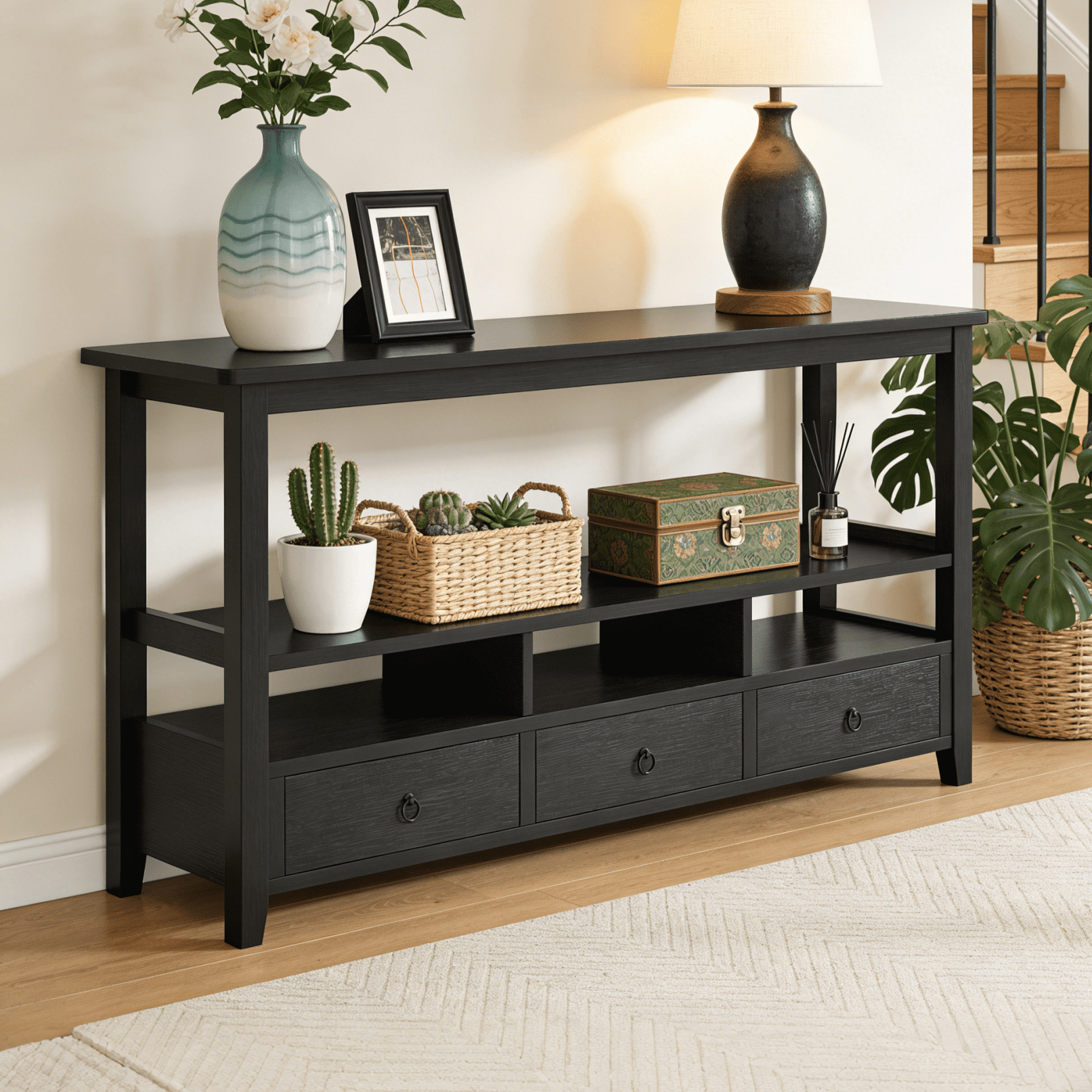 Ktaxon 58"  Mid-Century Console Table with 3 Drawers, Sofa Table Entryway Table Living Room Storage Table with 4 Shelves for Hallway, Entry, Foyer, Office, Black