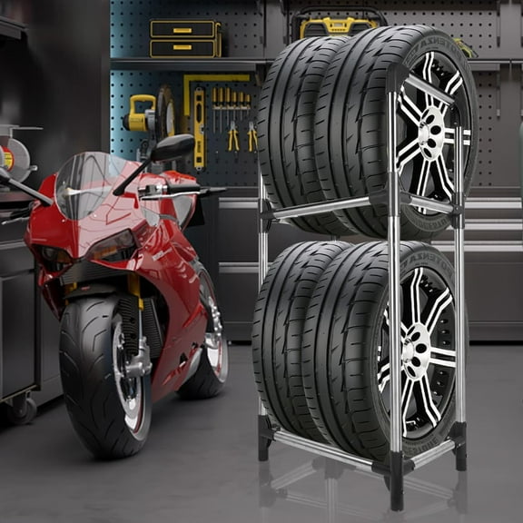 Tire Storage Rack for Garage - Double Layer Steel & PP Organizer, 22.51'' X 14.16'' X 45.11'', Black   Silver