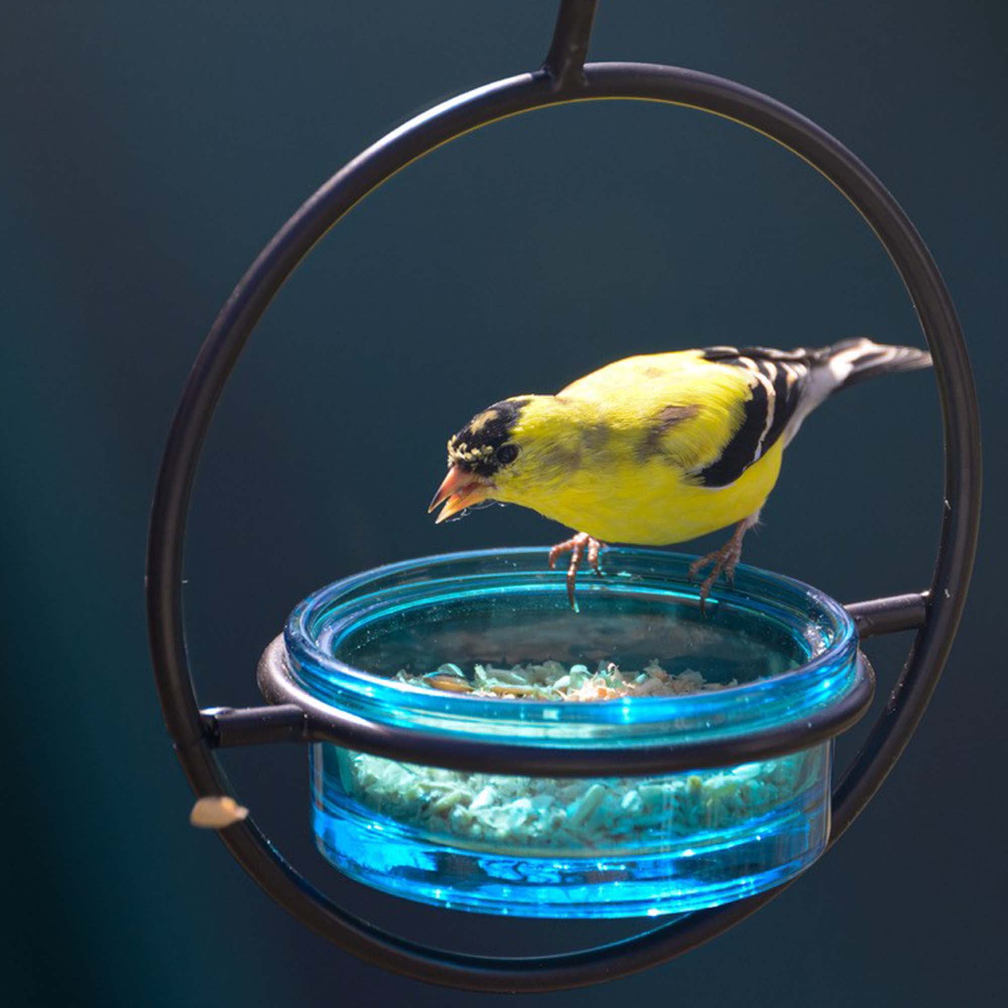 Mosaic Birds Recycled Glass & Metal Hanging Bird Feeder for Outdoors-Oriole Feeder for Garden- Bluebird Feeder -Aqua Blue