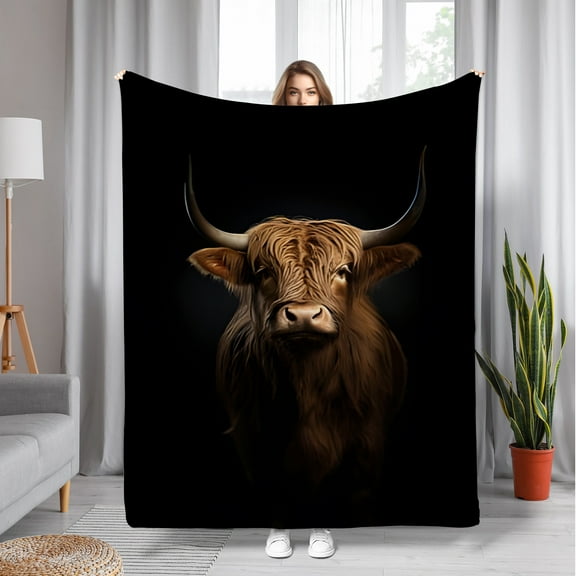Cozy Highland Cow Print Flannel Blanket - Soft, Warm, and Versatile. Suitable for Bed, Sofa, Office, and Camping. Ideal Christmas, Birthday, or New Year Gift