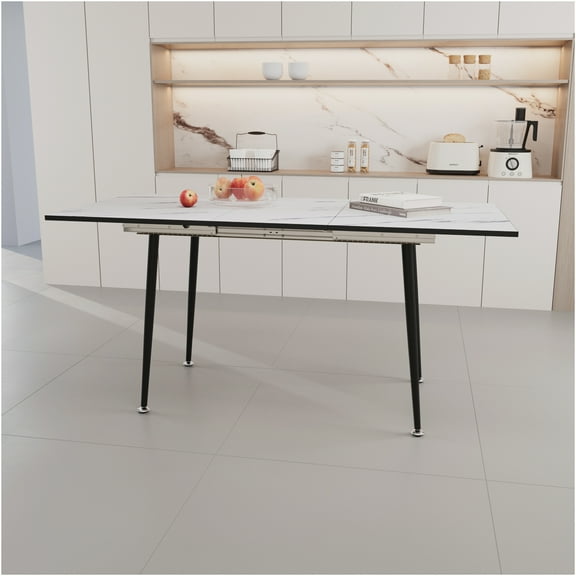 JERFIT Expandable Marble Dining Table for 6, White MDF Kitchen Table with Black Metal Legs, Modern Industrial Design for Dining Room
