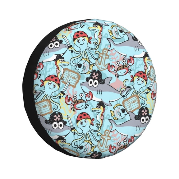 Fuzoiu Cartoon Pirate Print Universal Spare Tire Cover with Buckle Strap, Waterproof Wheel Covers for Jeep, Trailer, RV, Truck and All Car-14 inch
