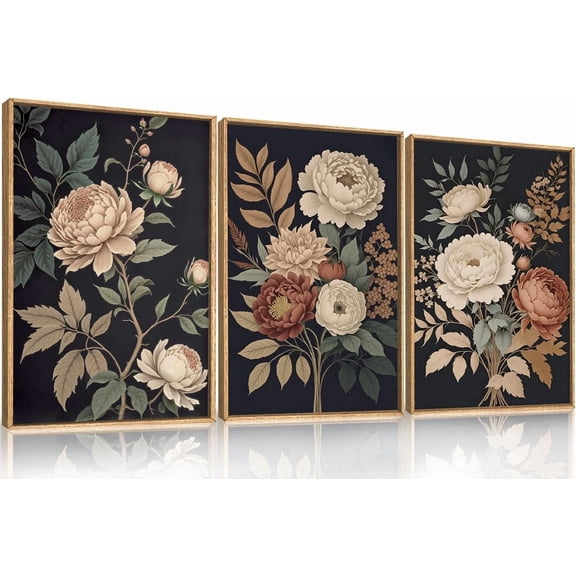 Large Moody Dark Flower Framed Canvas Wall Art,Retro Beige Red Peony Wall Decor,Vintage Textured Blossom Botanical Artwork,Natural Wildflower Art Print for Living Room,Bedroom,Office-16 x24 x3