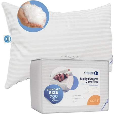 Continental Bedding Hungarian White Goose Down Soft Hotel Bed Pillow 100% Cotton Shell with 700 Fill Power -Soft, Standard Size, Pack of 1, 20x26 Inch