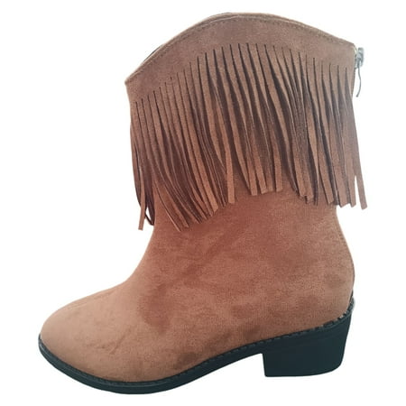 YHGFVOKJ Boots for Women Fashion Retro Tassel Boots Autumn Winter New Pointed Thick Heels Solid Western Denim Short Boots Shoes Heel Boots Brown 42