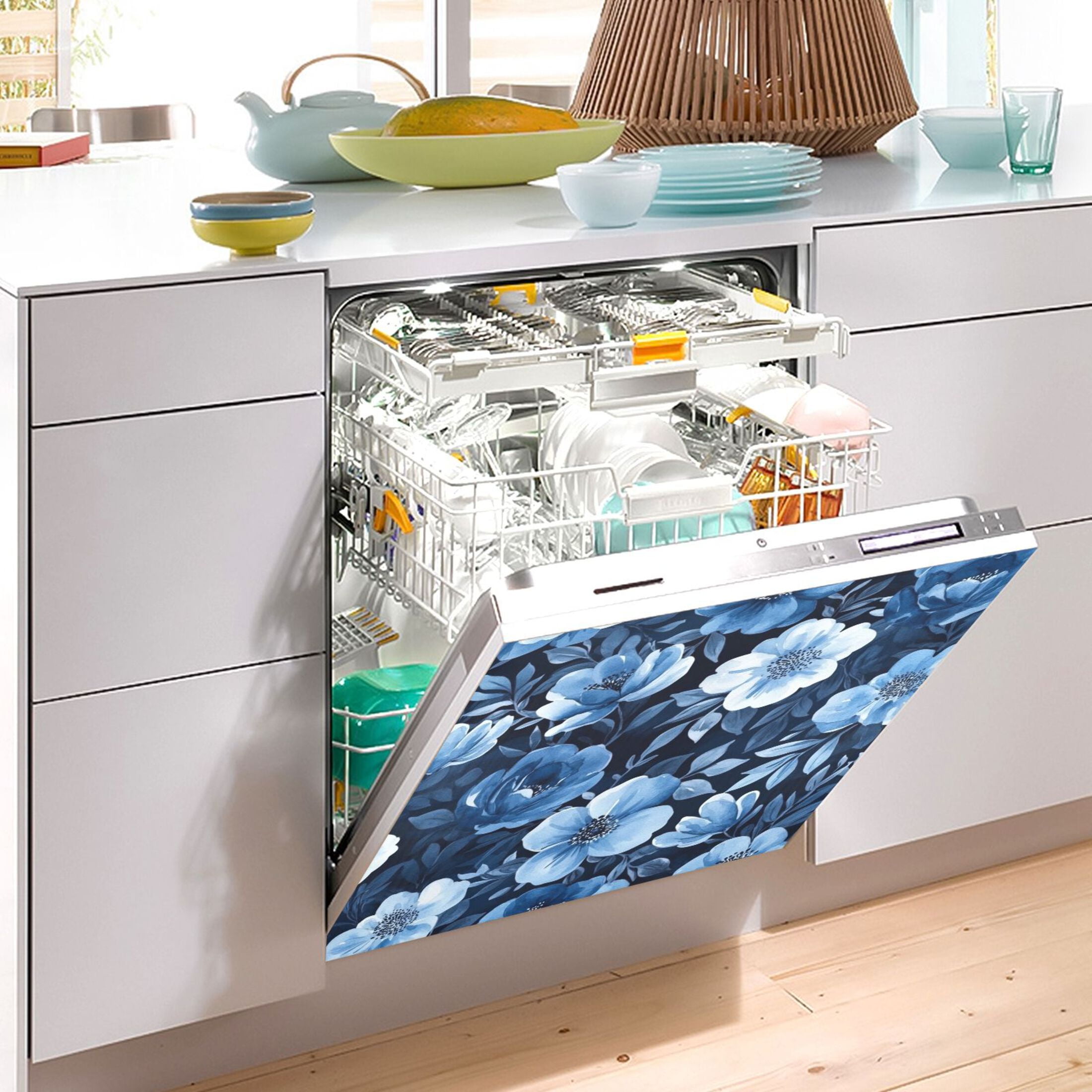 Dishwasher Magnetic Sticker 23x26 Inch Refrigerator Magnetic Sticker Washing Machine Magnetic Sticker Kitchen Panel Magnetic Sticker Home Decor Vibrant Blue Flowers