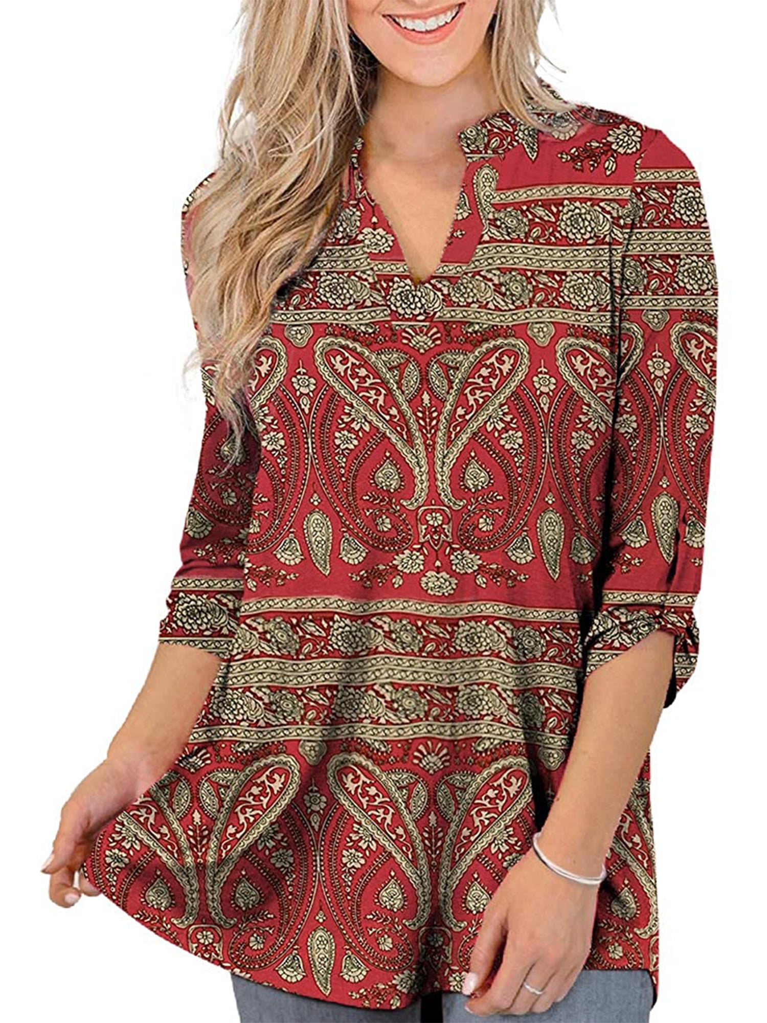 Womens Plus Size Tops 3/4 Roll Sleeve Floral Tunic Shirt Casual V Neck ...