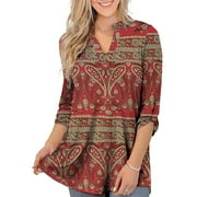 Womens Plus Size 3/4 Roll Sleeve Paisley Tunic Tops V Neck Blouses Shirts for Women