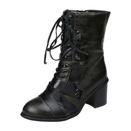 

KBKYBUYZ Women s Winter Retro Splicing Boots Chunky Heel Middle-Heels Pointed Toe Side Zipper Boots