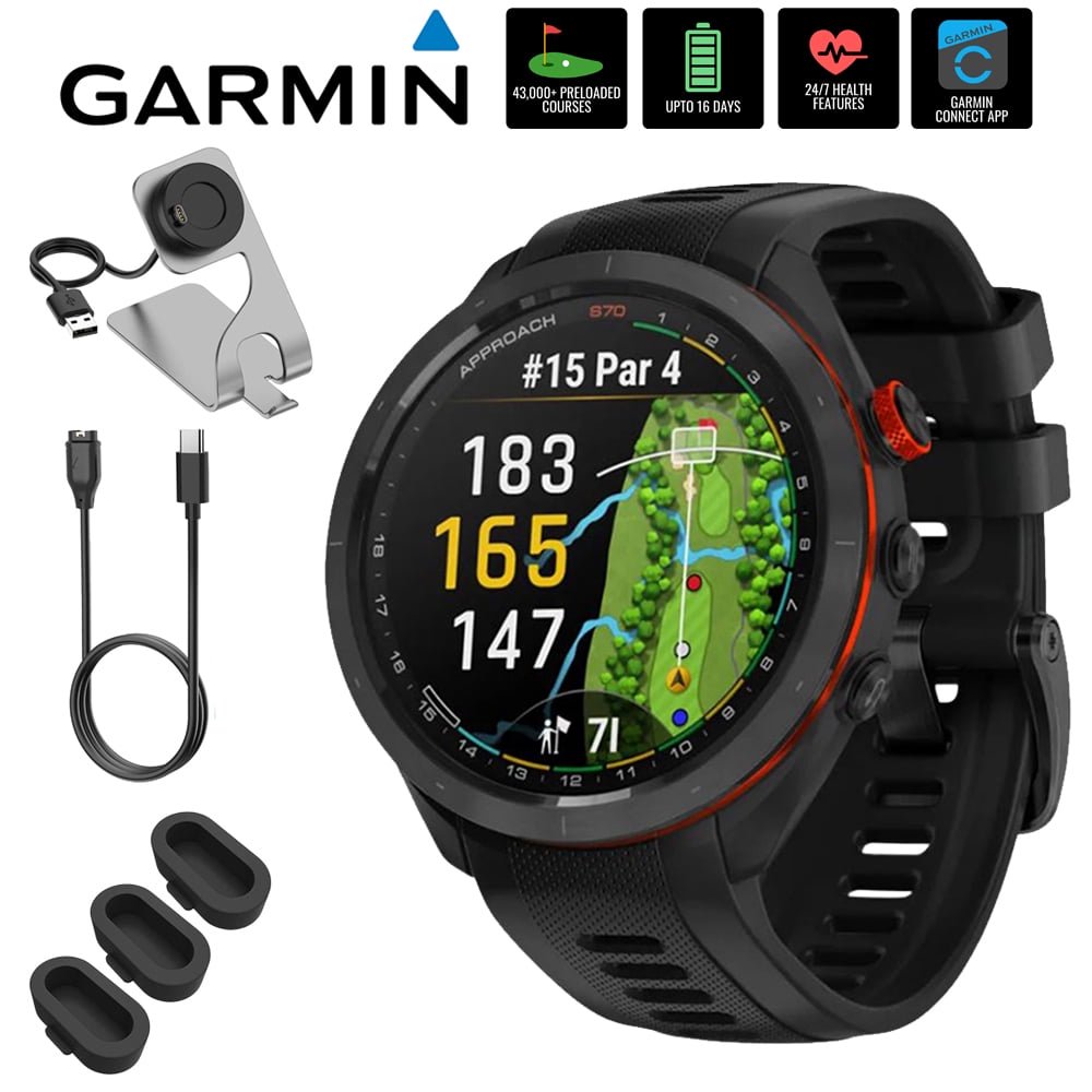 Garmin 010-02746-02 Approach S70 42 mm Premium GPS Golf Watch, Black Band Bundle with Deco Essentials Charging Dock, 3x Silicone Dust Cover and USB Type C Charging and Sync Cable