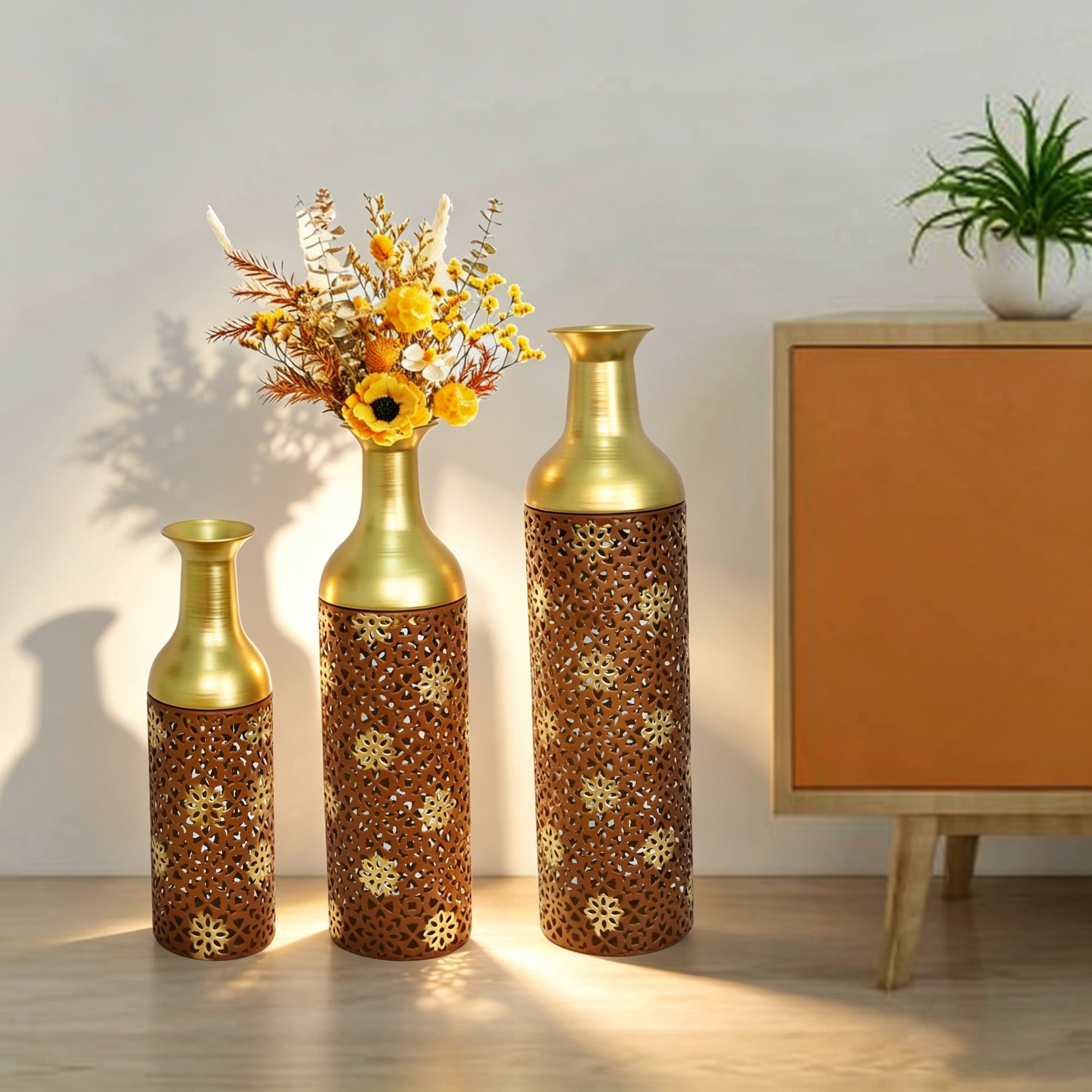 Leumius Decorative Metal Vases Set of 3, Rustic Brown Leaf Pattern Floor Vases, Rustic Brown All Vases for Home Decor, Living Room Entryway Decor