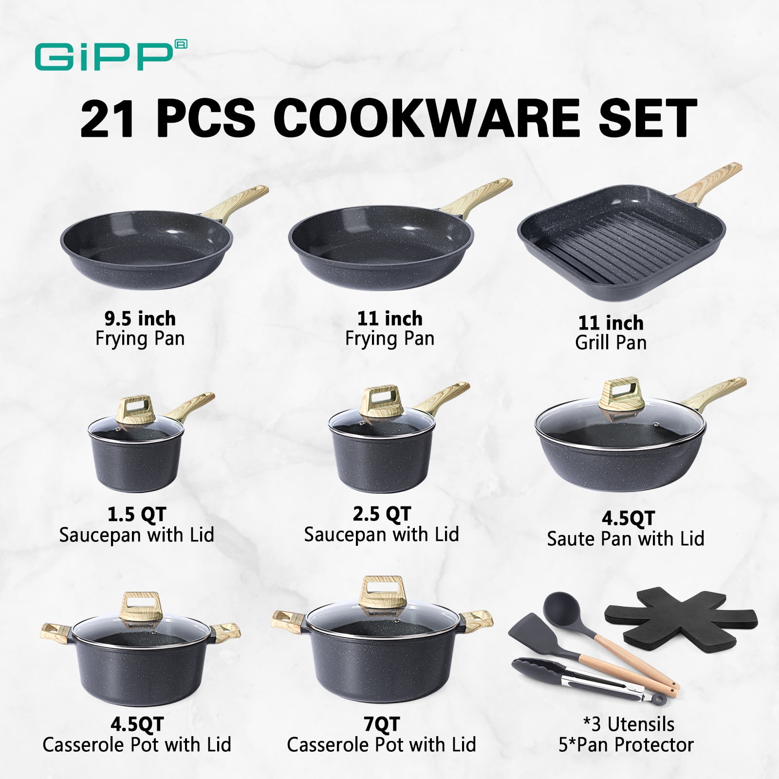 GIPP 21pcs Ceramic Coating Kitchen Cookware Sets,Pots and Pans Set Non stick,Dishwasher Safe Induction Cookware
