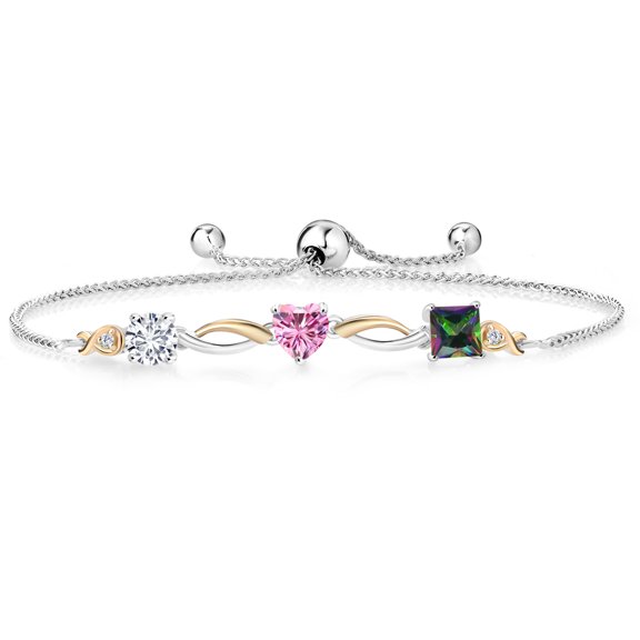 Gem Stone King 925 Silver and 10K Yellow Gold Pink Moissanite Green Mystic Topaz and Lab Grown Diamond Tennis Bracelet for Women By Keren Hanan (2.10 cttw, Adjustable up To 9 inch)