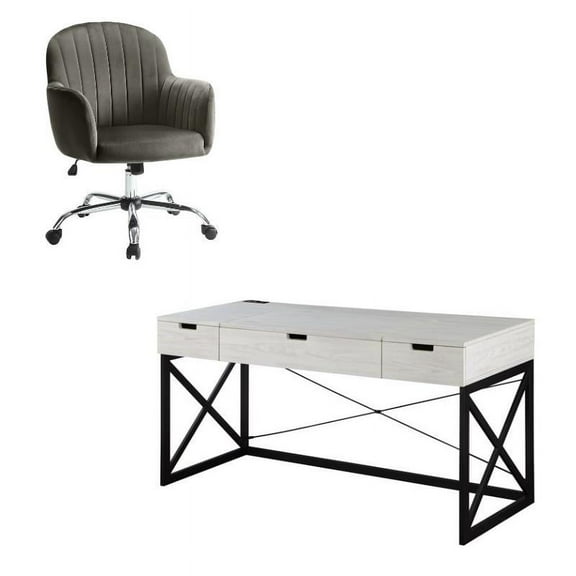 FOA 2-Piece 60 Inch Antique White Wood Lift Top Desk and Home Office Chair Set