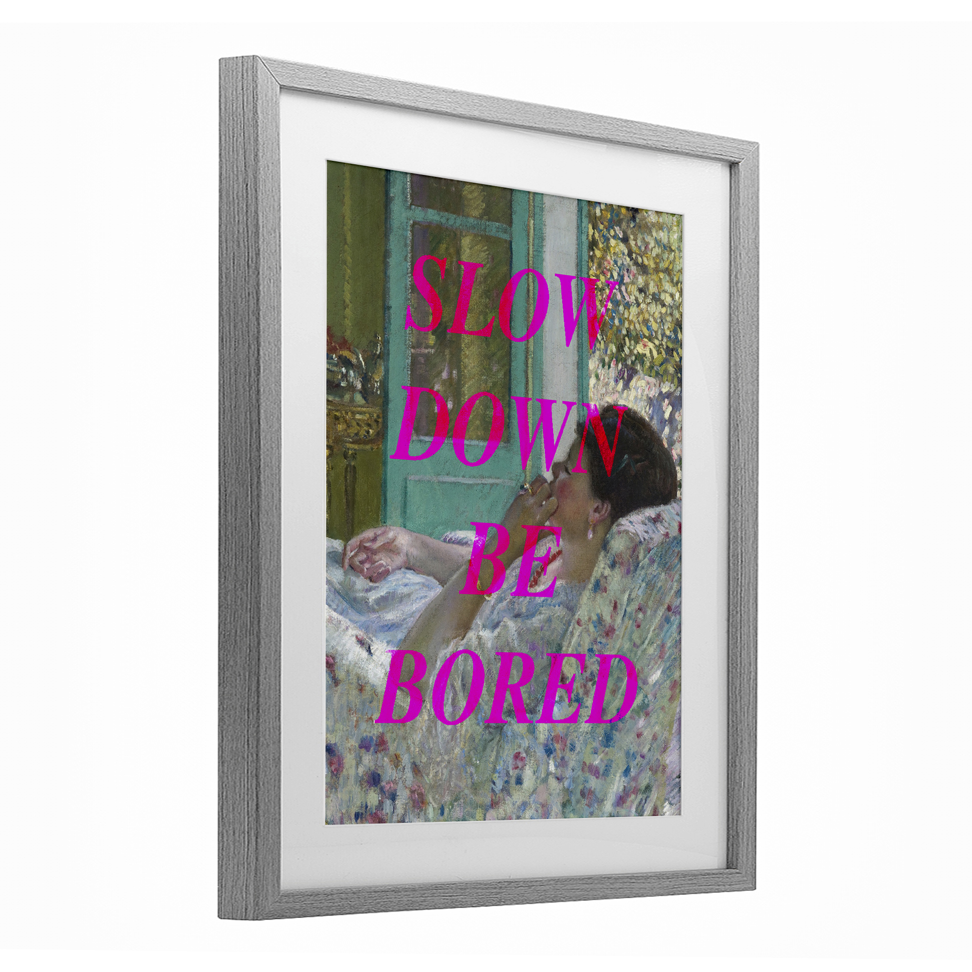 Slow Down Be Bored Classic Gray Framed Print Under Glass, design by Lil' Rue