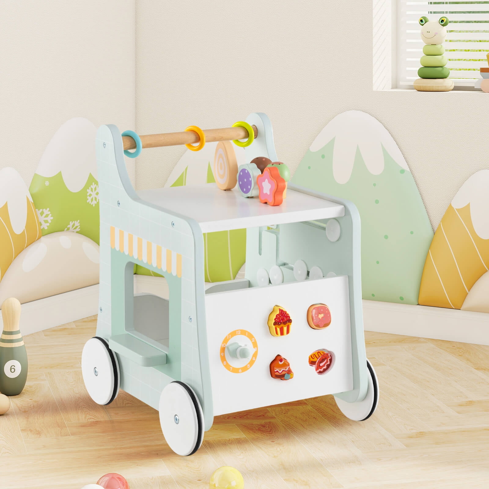 Infans Wooden Baby Walker Ice Cream Cart Toy with Sweet Accessories & Smooth Wheels