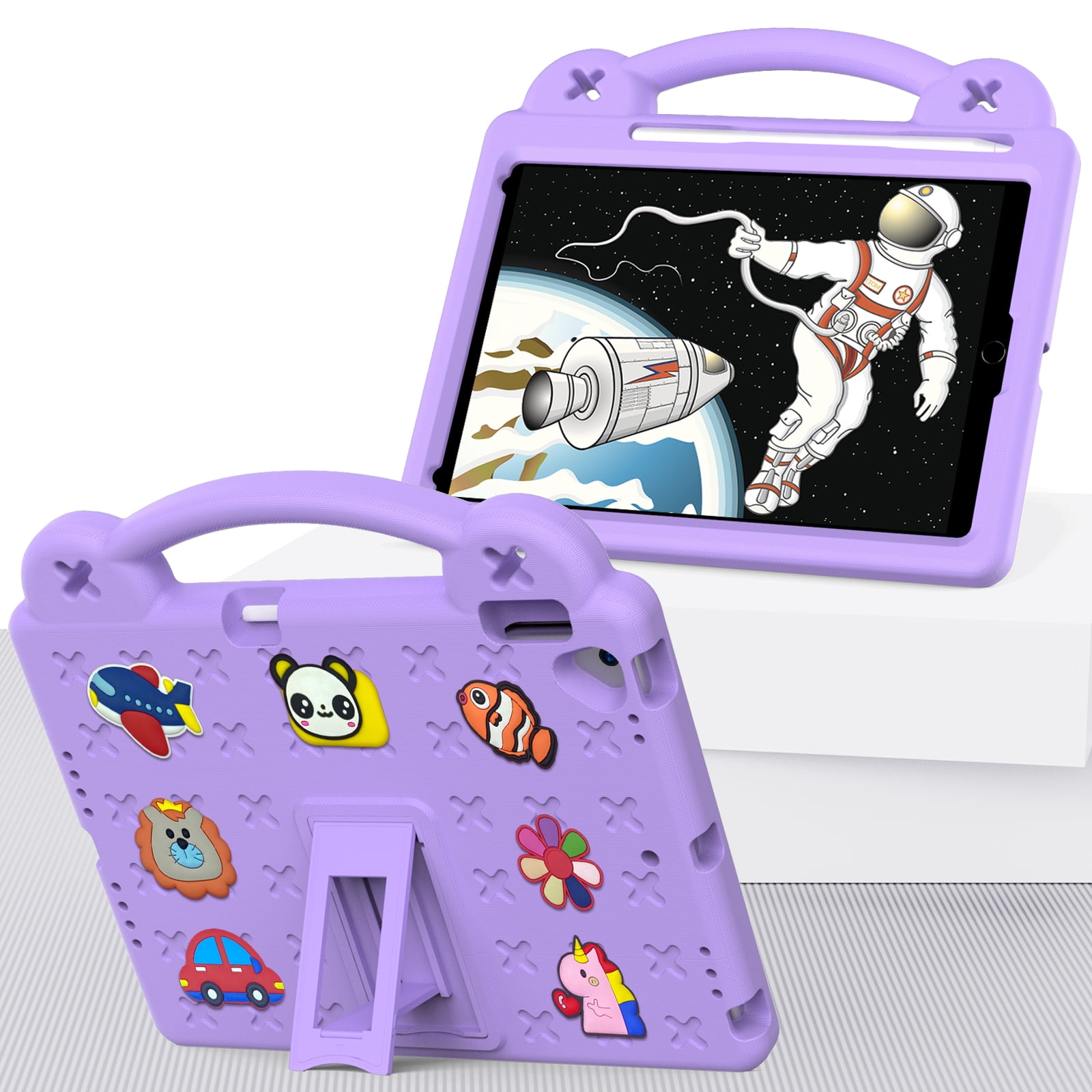 ELEHOLD Kids Case for iPad 9th/8th/7th Gen (2021/2020/2019)10.2 inch, EVA Foam Cute Cartoon Case with Built-in Kickstand Pencil Holder Shockproof Portable Case for iPad 10.2",Lightpurple