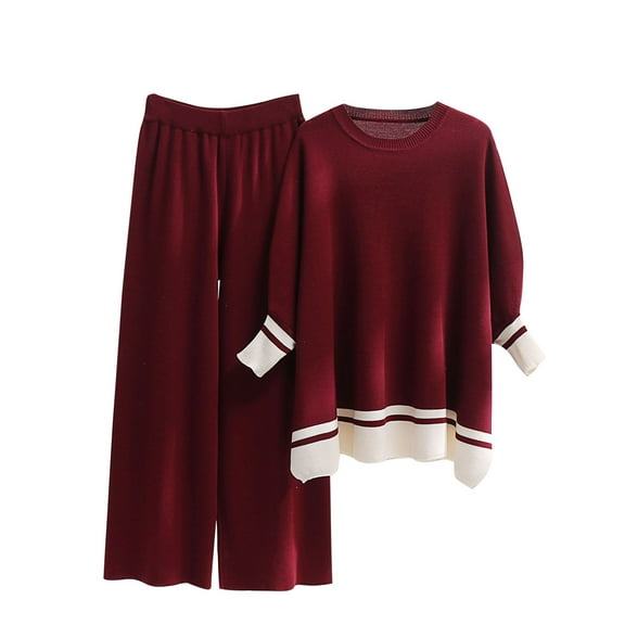 cfhntfmh Womens Ribbed Knit Sets Fashion Long Sleeve Crewneck Color Block Tops Soft Stretch Wide Leg Long Pants Lounge Sets