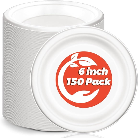150 Pack 6 Inch Disposable Compostable Paper Plates, White Bagasse Biodegradable Dessert Plates Disposable, Small Appetizer Cake Dessert Plate for Snacks, Desserts, Party