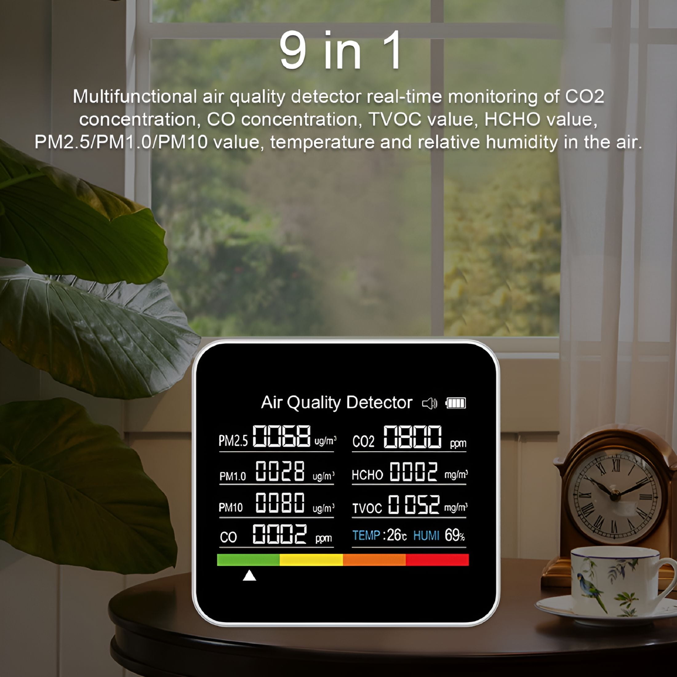 GJX 9 in 1 Air Quality Monitor CO2 Meter Carbon Dioxide CO2 TVOC HCHO PM2.5 PM1.0 PM10 Humidity Detection for Home Office Car