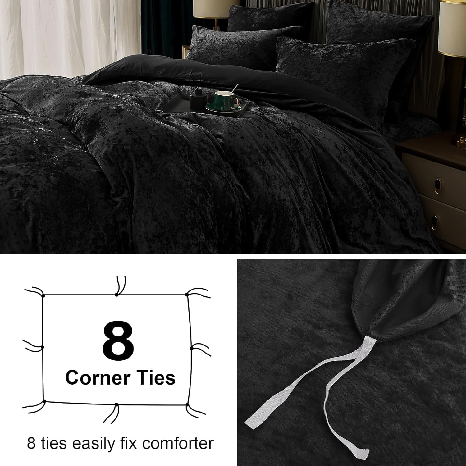 PHF Truly Velvet Duvet Cover Set King Size, 3 Pieces Luxury Ultra Soft Comforter Cover Set, Warm Flannel Duvet Cover with 2 Pillow Shams Bedding Collection, 104"x90", Black (No Insert)