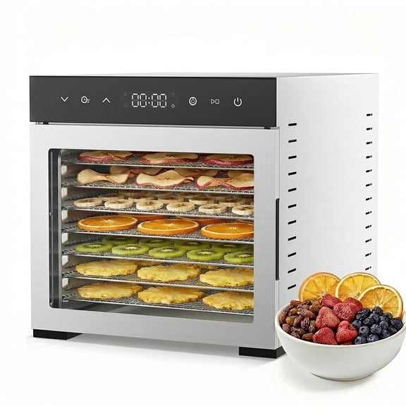 EDX 8-Tray Food Dehydrator, 500W, 85-185°F, Adjustable Temperature, 48-Hour Timer, Low Noise Overheat Protection for Fruit, Nut, Meat, Vegetables, Silver
