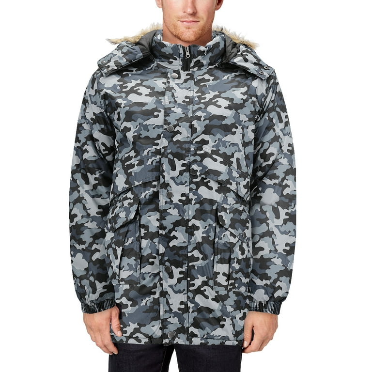 Men s Heavy Weight Winter Coat Removable Faux Fur Trim Hood Puffer Parka Jacket Grey Camo L Walmart