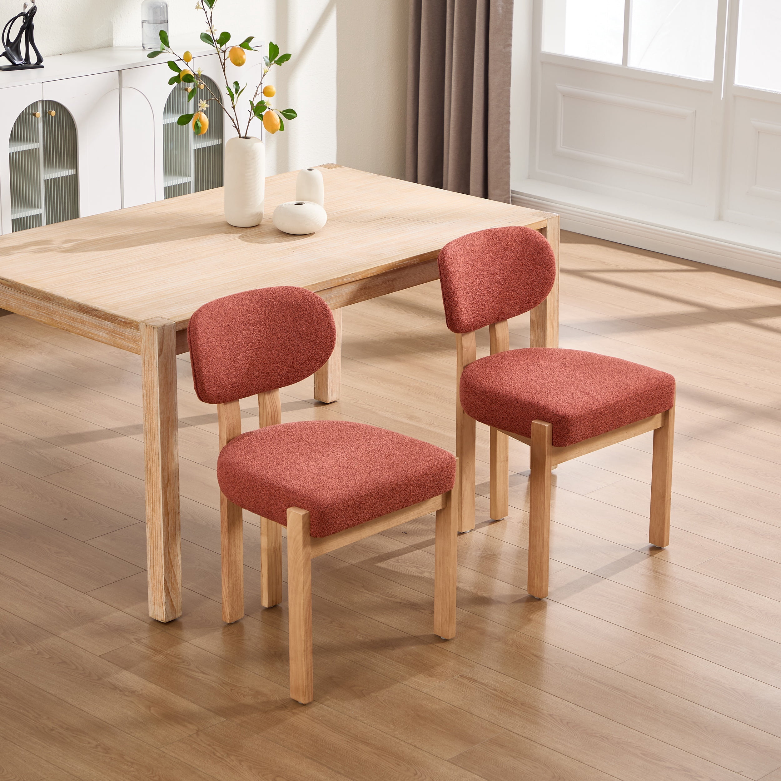 PORKISS Upholstered Dining Chairs Set of 2, Mid-Century Kitchen Chairs with Solid Wood Legs and Cushioned Wingback for Kitchen, Dark Orange