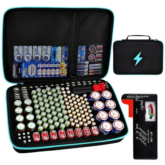 Aovky Battery Storage Organizer Box, Battery Storage Case with Tester, Carrying Battery case Bag Holder with Zipper Holds 166  Various Types of Batteries AA AAA AAAA C D 9V (Box Only)