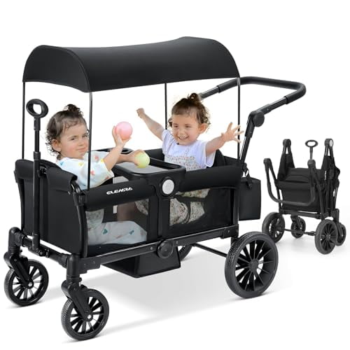 ELEMARA Wagon Stroller for 2 Kids, Premium All-Terrain Stroller Wagon, Collapsible Kids Wagon with Canopy, Adjustable Push/Pull Handle Bar, Comfortable drop-down footwell and Upholstered Seats, Black
