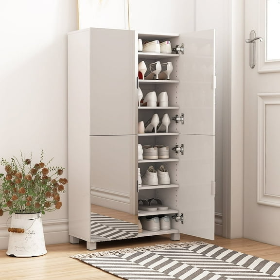 MIDOQIN 8-Tier Shoe Storage Cabinet with Mirror Door, Wood Freestanding 32 Pairs Shoe Rack Organizer for Entryway