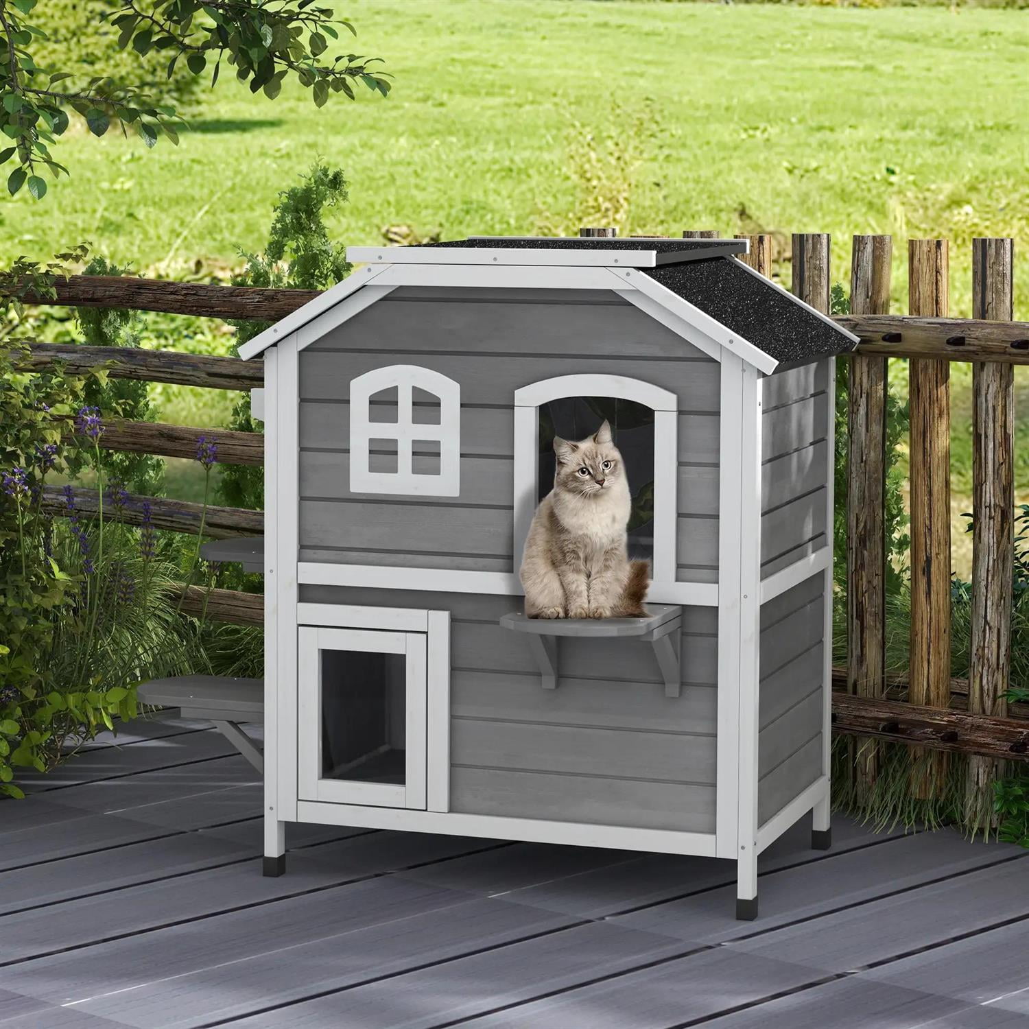 Pefilos 2-story Outdoor Weatherproof Cat House with Openable Roof, Escape Door, Jumping Platforms, Wooden Feral Shelter for Cats and Small Animals, Gray
