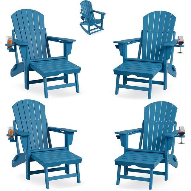 Patio Furniture Rocking Adirondack Chairs Set of 4, Folding Adirondack Rocking Chair With Footrest, Adirondack RockingChair Outdoor With Retractable Ottoman and Cup Holder