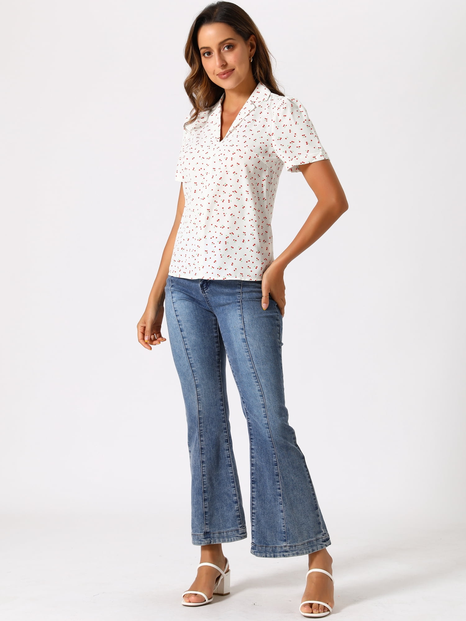 DARING DIVA Women's Short Sleeve V Neck Notch Lapel Collar Shirt XL White