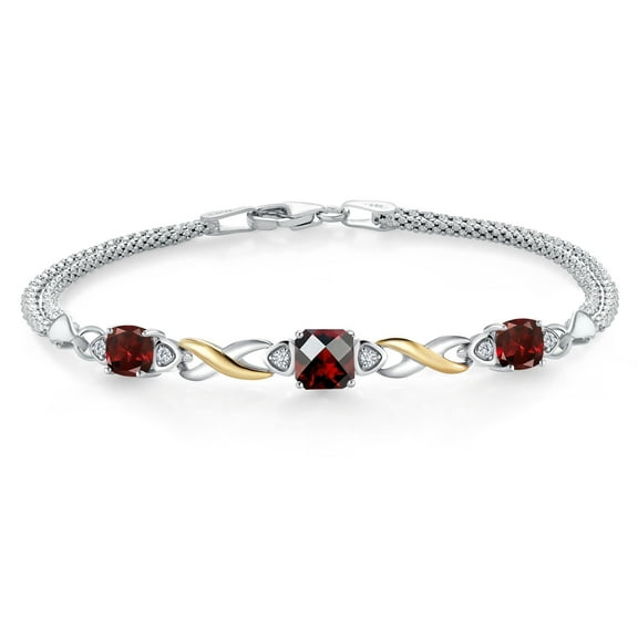 Gem Stone King 925 Silver and 10K Yellow Gold Red Garnet and White Lab Grown Diamond Bracelet for Women (2.64 Cttw, Gemstone January Birthstone, Cushion Checkerboard 6MM, 7.5 inches, Made in Italy)