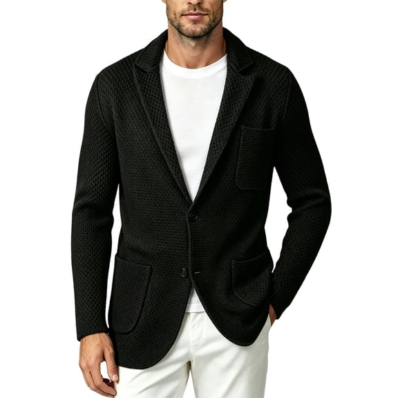 MXALUOB Men's Blazers Textured Knit Sport Coats with Two Button Notch Lapel Patch Multi-Pockets Casual Suit Jacket Solid Color Warm Blazer