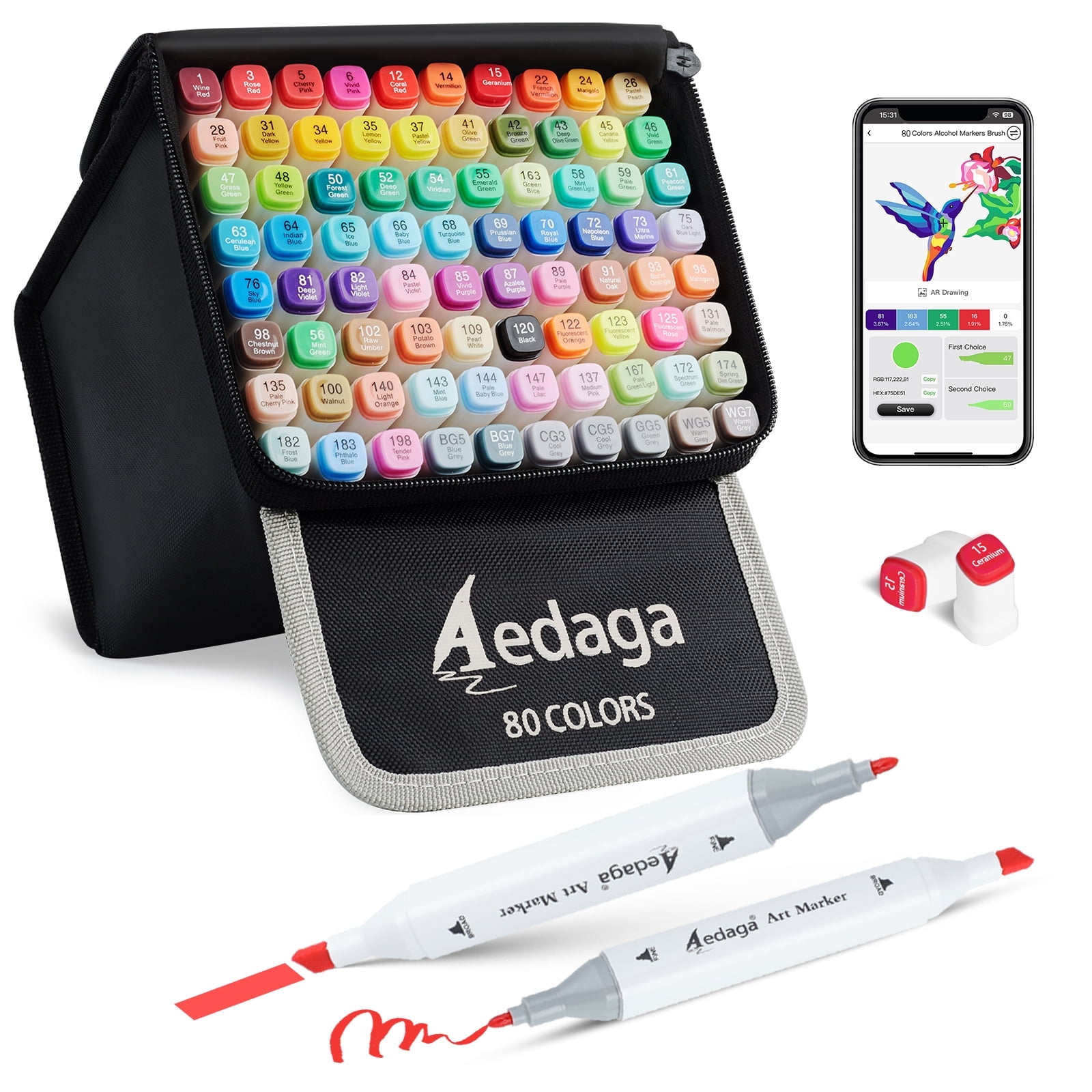 Aedaga 200 COLORS 200色 AEDAGA 200 Colors Art Markers, Dual Tip with Kickstand Case, Free