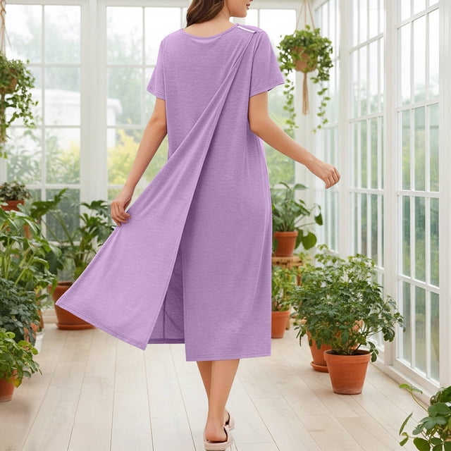 TaTaai Women's Round Neck Short Sleeve Solid Color Maxi Dress with Pockets Back Opening Design for Postoperative Recovery Daily Casual Gift