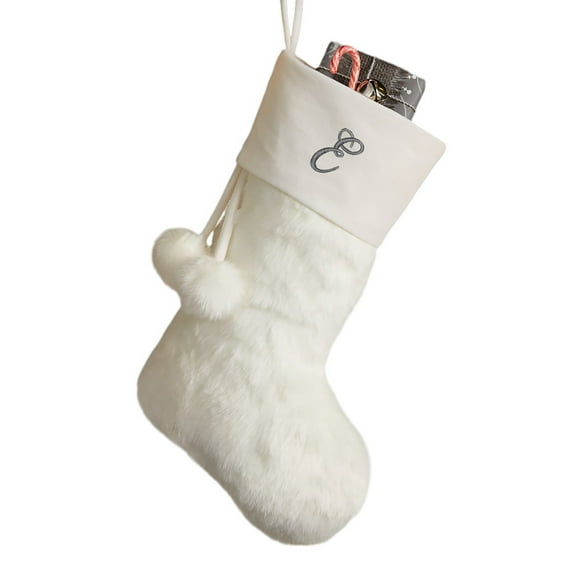 Personalization Mall Embroidered Initial Faux Fur Christmas Stocking, Ivory