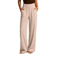 thumbnail image 2 of Women's High Waist Wide Leg Pants,Soft Flowy Trousers with Side Pockets,Beige,Women's Capri L, 2 of 9