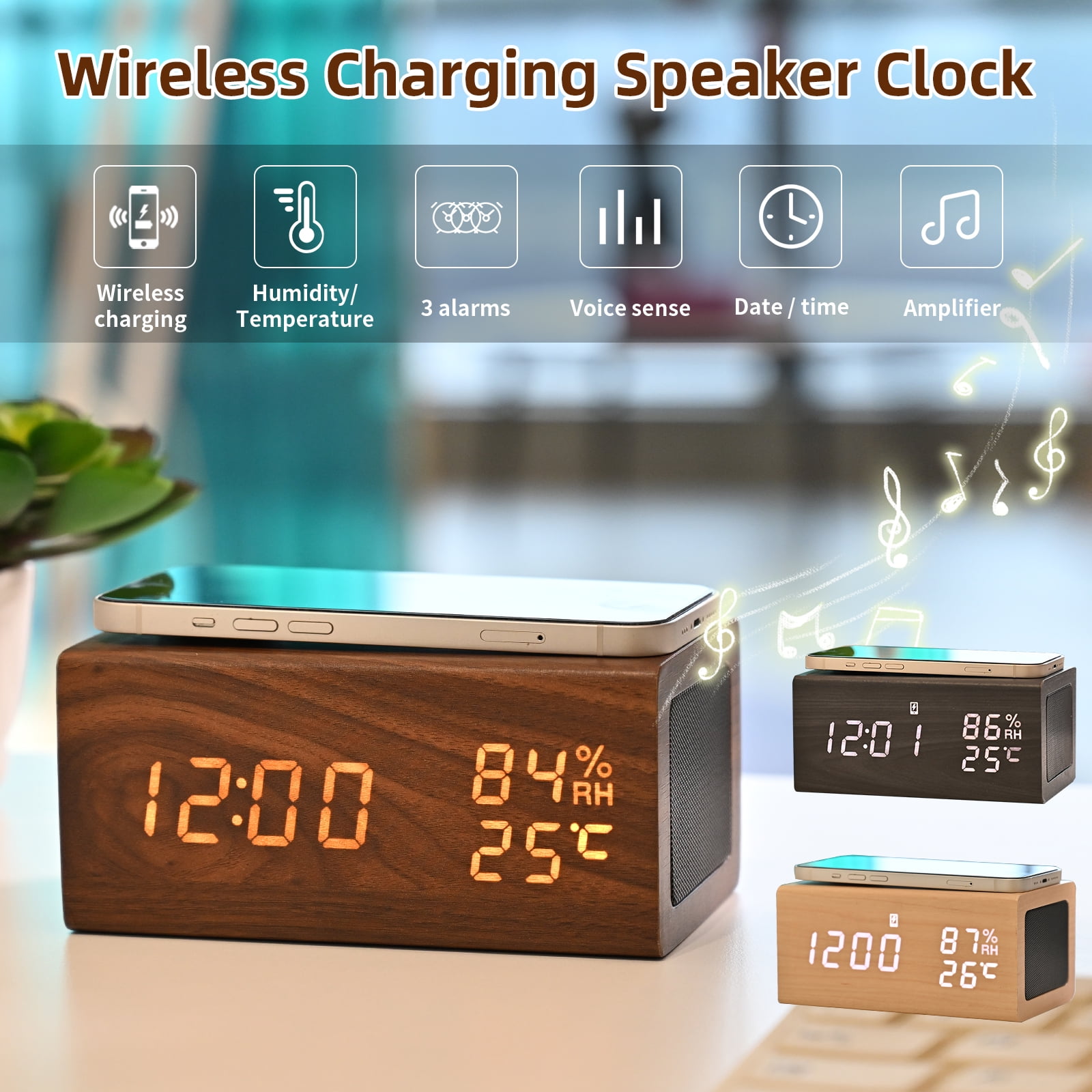 ELECTIME Wooden Digital Alarm Clock with Wireless Charging, Bluetooth Speaker, Temperature, Humidity