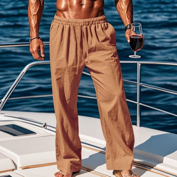 Xcmzpl Mens Linen Casual Pants Big and Tall Solid Pull on Pants Lightweight Summer Beach Trousers Baggy Straight Leg Palazzo Pants