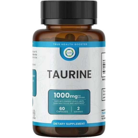 TrueMed Taurine 1000mg Amino Acid Supplement for Energy support, Focus & Mental clarity, Electrolyte balance & Antioxidant support, Caffeine-free Non-stimulant, 60 capsules