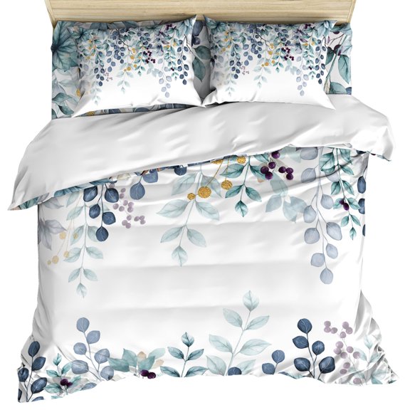 Green Blue Eucalyptus Leaves Duvet Cover Set, Summer Botanical Weeping Soft Duvet Cover Twin Size Bedding Set 4 Pieces, 1 Quiltcover and 2 Pillowcases with Zipper, 1 Bed Sheet for All Seasons