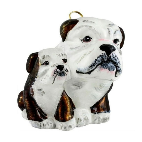 Brown and White Bulldog Mother with Puppy Polish Blown Glass Christmas Ornament