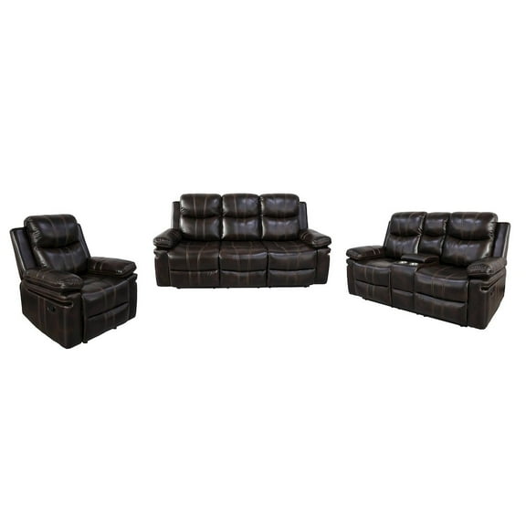 New Classic Furniture Kellen 3-Piece Faux Leather Manual Living Room Set, Brown